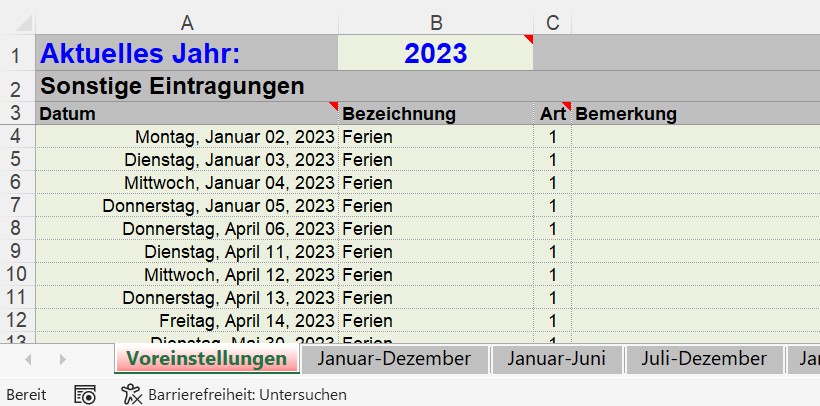 Kalender Einstellungen Sonstige Eintragungen