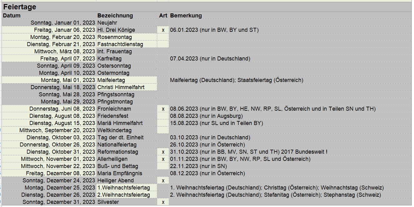 Kalender Einstellungen Feiertage